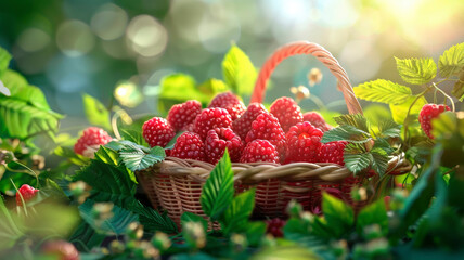 Wall Mural - raspberries in a basket in the garden. selective focus.