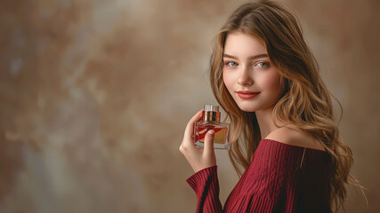 Wall Mural - pretty young woman holding a perfume, girl with perfume, portrait of a pretty young woman