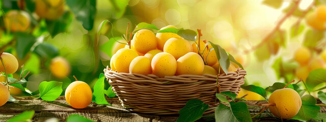 Wall Mural - yellow plum in a basket in the garden. selective focus.