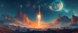 Neon-Nocturne Rocket Launch over Moonlit Terrain. Concept Space Exploration, Rocket Launch, Lunar Landscape, Sci-Fi Fantasy, Neon Lights