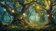 An enchanting forest scene, with ancient trees adorned with glowing orbs of light and whimsical creatures frolicking among the vibrant foliage in a magical woodland realm