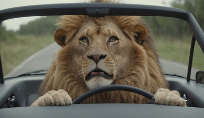 Wall Mural - lion in car