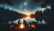 Lakeside Campfire: Romantic Silhouette Under the Stars