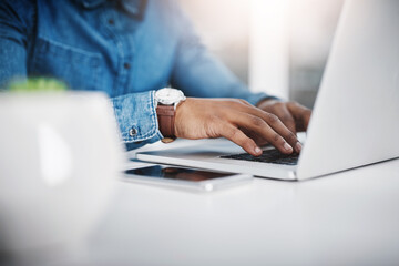 Poster - Hands, laptop and phone on desk, freelance or work on social media, email or website update. Closeup person, typing or copywriting of blog, post or article as online communication, research and seo