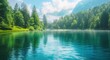 Beautiful summer morning, lake with a forest and mountain background.
