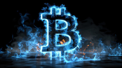 Wall Mural - Cold blue Bitcoin logo in blue smoke