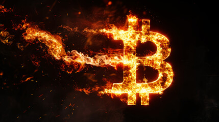 Wall Mural - Bitcoin on fire, symbol of rapidly growing price