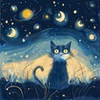 Generate an enchanting scene with a hand-drawn cartoon cat, creatively illustrated against a starry night sky-2