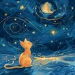 Generate an enchanting scene with a hand-drawn cartoon cat, creatively illustrated against a starry night sky