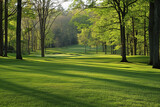 Fototapeta Krajobraz - Green grass and woods on a golf field