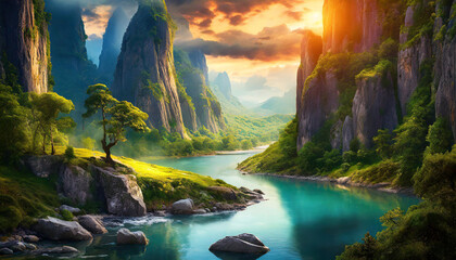 Wall Mural - Wonderful landscape with river flowing through gorge. Natural scenery, green meadows and mountains.