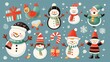 Illustrate a festive set of flat Christmas stickers, portraying delightful cartoon characters like snowmen