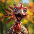Illustrate an AI-generated image of a funny Thanksgiving turkey, radiating happiness and charm through cartoonish features