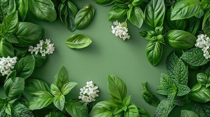 This botanical tapestry of mint and basil leaves interspersed with delicate white flowers exudes a sense of freshness, perfect for eco-conscious brand visuals, spa and health products