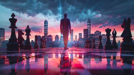 Fototapete - A man stands in front of a chess board with a city in the background. The man is wearing a suit and holding a cell phone