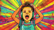 Wow pop art Cute girl in thin headphones joyfully shouts. Colorful background in pop art retro comic style.