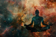 extraordinary double exposure photograph combining the intimate close-up of a yoga lotus pose meditation with the majestic hues of a nebula galaxy background, merging earthly seren