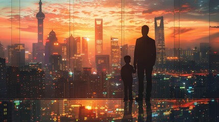 Fototapete - A man and a child are looking out a window at a city skyline at sunset. Scene is peaceful and serene, as the two people are enjoying the view together