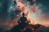 Fototapeta Kosmos - double exposure image showcasing the symbiotic relationship between the peaceful lotus pose meditation and the vast expanse of a nebula galaxy background, inviting viewers to explo