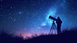 A man is standing in a field with a telescope, looking up at the stars. The sky is dark and the stars are shining brightly. Scene is peaceful and contemplative