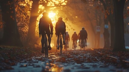 Wall Mural - A group of people are riding bikes in a forest. The sun is setting, casting a warm glow on the trees and the riders. The atmosphere is peaceful and serene, as the riders enjoy the beauty of nature