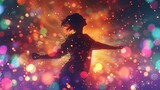 Fototapeta Uliczki - A woman is dancing in a colorful, swirling galaxy of light. The image is a representation of the idea of freedom and self-expression, as the woman's movements are fluid