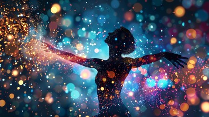 Poster - A woman is dancing in the air with a lot of sparkles around her. The image has a dreamy and ethereal feel to it, as if the woman is floating in a magical world