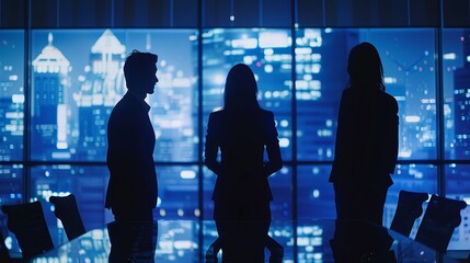 Fototapete - Three people are standing in front of a window, looking out at the city. Scene is one of contemplation and reflection, as the people seem to be deep in thought