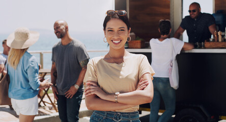 Women, happy and portrait on promenade with arms crossed for travel, vacation and summer event. Female person, smile and sunshine by beach for tourism, weekend or holiday with confidence in Italy