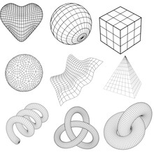 3D Cyberpunk Grid U2k Wireframe Shape Set, Warp Retro Futuristic Geometric Icon Vector Collection. Vintage Science Mathematic Perspective Frame , 3D Wireframe Shape Torus. Spiral Design Element
