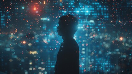 Fototapete - A person is standing in front of a city skyline with a bright blue sky. The person is wearing a black jacket and he is looking up at the sky