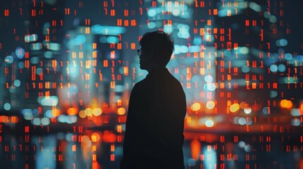 Fototapete - A man stands in front of a city skyline with a blurry background. The image has a moody and mysterious feel to it, as the man is the only figure visible in the scene