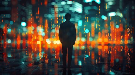 Poster - A man stands in the middle of a city with a blurry background. The image has a futuristic and abstract feel to it, with the man's silhouette and the city lights creating a sense of mystery