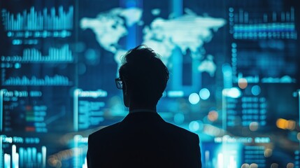 Fototapete - A man is looking at a computer screen with a map of the world on it. The man is wearing glasses and is dressed in a suit. Concept of focus and concentration as the man looks at the screen