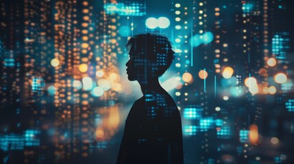 Fototapete - A silhouette of a person stands in front of a cityscape with a bright blue sky. The cityscape is filled with bright lights and the person's face is barely visible