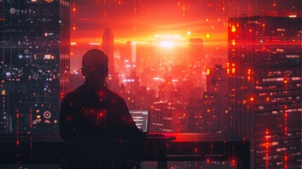 Fototapete - A man is sitting at a desk in front of a computer. The city skyline in the background is lit up with red and orange lights. The man is working on his computer, possibly in a busy urban environment