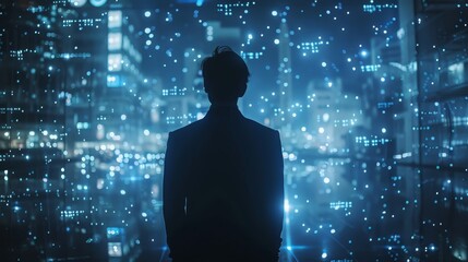 Fototapete - A man stands in front of a cityscape with a blue sky. The sky is filled with stars and the city is lit up with lights
