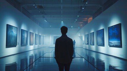 Wall Mural - A man stands in a museum with a large number of paintings on the walls. The paintings are all different sizes and styles, and the man is looking at them intently