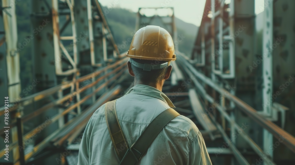 Engineer Inspecting Bridge Engineer inspecting bridge structure, focused close-up, natural ...