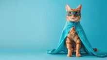Brave Feline Hero Portrait On A Blue Background