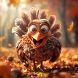 Illustrate an AI-generated image of a funny Thanksgiving turkey, radiating happiness and charm through cartoonish features-1