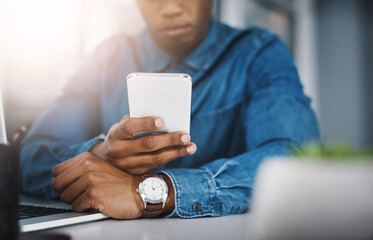 Aufkleber - Business, hands and man with cellphone, typing and check email for deadline and research for company website. Sports journalism or worker with smartphone and message with online reading for story