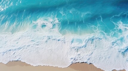 Beautiful natural summer vacation background. Aerial top view drone shot of turquoise waves breaking white bubbles on pristine white sand