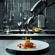 Illustrate a topdown view of a robotic arm delicately plating a gourmet dish with precision, highlighting the fusion of technology and culinary expertise