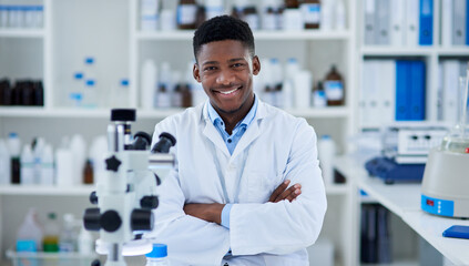 Poster - Science, man and portrait in lab with arms crossed for medical research, microscopic experiment or DNA testing. Scientist, african expert and confidence for gene editing and healthcare breakthrough