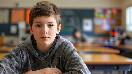 Wall Mural - A boy sitting at a desk in a classroom.