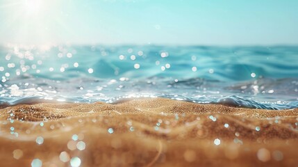 Wall Mural - Summer Morning Beach Background. Gentle Waves Lapping at Sandy Shore with Glittering Sunlight on the Blue Sea. Blurred Bokeh Background