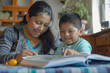© AI_images - A Latino mother and child revel in reading a book together while completing homework, their enthusiasm for learning shining through.