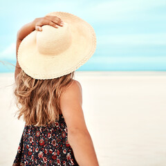 Poster - Back, beach and woman with vacation, nature and relaxing with getaway trip and sunshine. Ibiza, rear view and girl with hat or seaside with summer and ocean with holiday and travelling with adventure