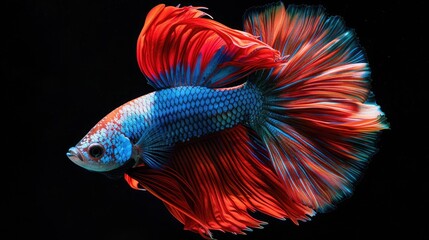 Wall Mural - Close-up of a graceful betta fish displaying its flowing fins and vivid colors in an ornamental tank